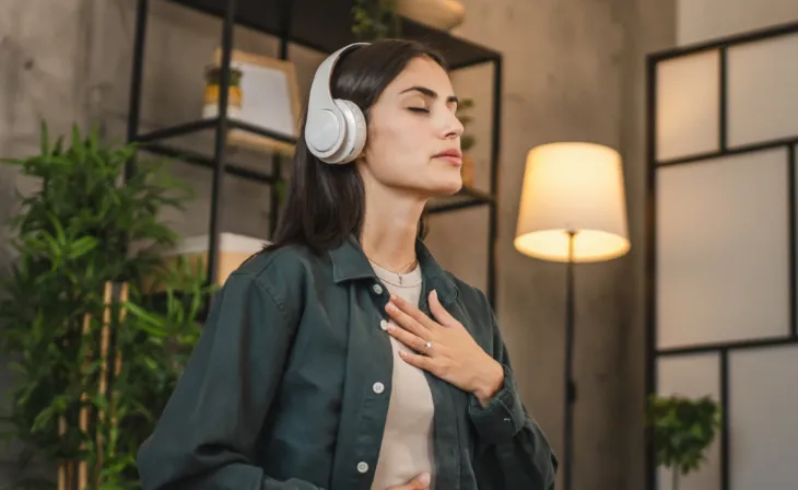 Woman wearing headphones meditating.